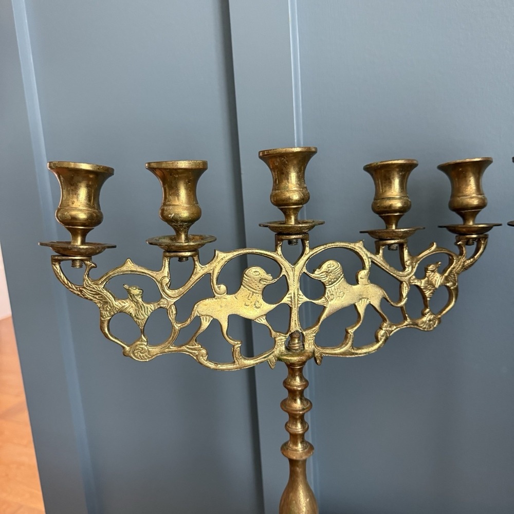 Vintage Brass Lion of Judah Candelabra Pair 5 Arm Shabbat Heavy Judaica Large - Picture 2 of 9